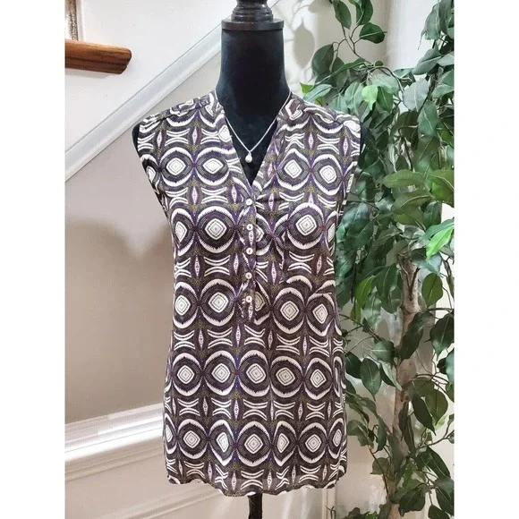 H&M Women's Multicolor 100% Polyester V-Neck Sleeveless Casual Pullover Shirt 10 - Picture 11 of 11